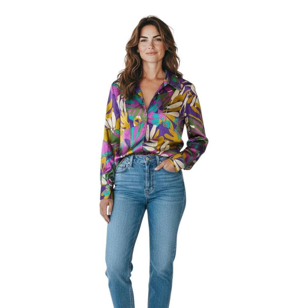 Maricaro Silk Blend Button Down Shirt Women L/G Floral Print V Neck Long Sleeve‎